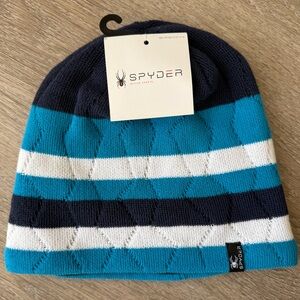 Spyder Nebula Beanie Hat Coast Blue Striped Knit Winter Unisex NWT